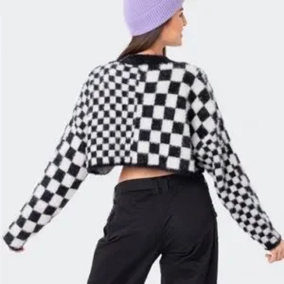 Edikted Cropped Fuzzy Black & White Checkered Sweater Womens Size XS New Jumper - Picture 2 of 8